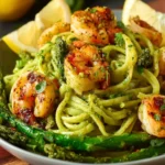 Lemon Pistachio Pesto Pasta with Shrimp and Asparagus First Image